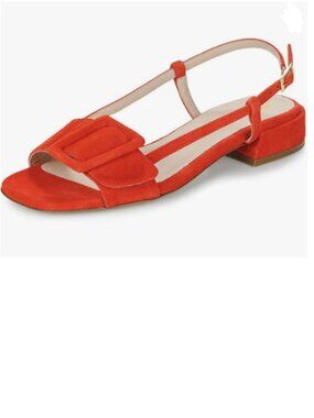 Wansseny Red Suede Square Buckle Open Toe Slingback Slip on Low Heel Sandals
